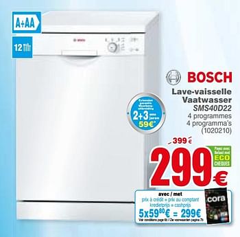 Promoties Bosch lave-vaisselle vaatwasser sms40d22 - Bosch - Geldig van 03/09/2019 tot 16/09/2019 bij Cora