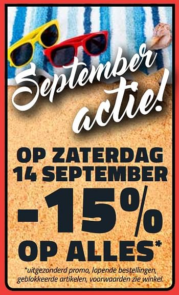 Promoties September actie! op zaterdag 14 september -15% op alles - Huismerk - Bouwcenter Frans Vlaeminck - Geldig van 04/09/2019 tot 14/09/2019 bij Bouwcenter Frans Vlaeminck