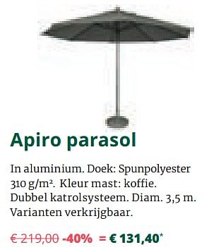 Promotions Apiro parasol - Bristol - Valide de 01/09/2019 à 29/09/2019 chez Overstock