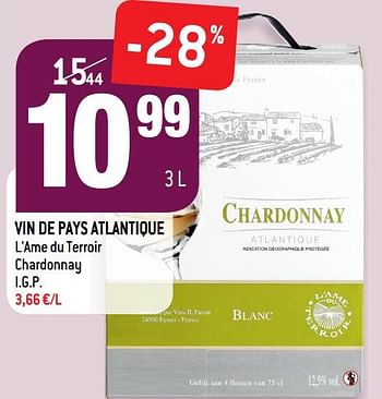 Promotions Vin de pays atlantique l`ame du terroir chardonnay i.g.p. - Vins blancs - Valide de 04/09/2019 à 01/10/2019 chez Smatch