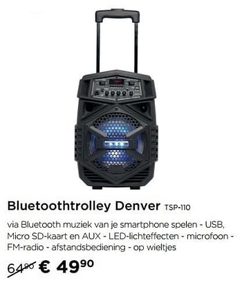 Promoties Bluetoothtrolley denver tsp-110 - Denver Electronics - Geldig van 02/09/2019 tot 30/09/2019 bij Molecule