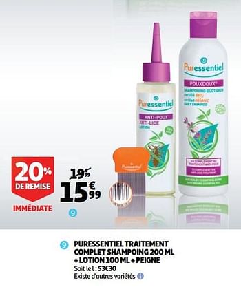 Promotions Puressentiel traitement complet shampoing 200 ml + lotion 100 ml + peigne - Puressentiel - Valide de 04/09/2019 à 21/09/2019 chez Auchan Ronq