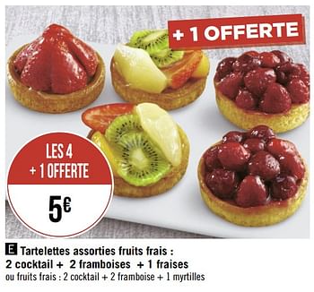 Promotions Tartelettes assorties fruits frais : 2 cocktail + 2 framboises + 1 fraises - Produit Maison - Géant Casino - Valide de 02/09/2019 à 15/09/2019 chez Géant Casino