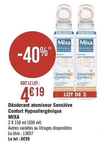 Promoties Déodorant atomiseur sensitive confort hypoallergénique mixa - Mixa - Geldig van 02/09/2019 tot 15/09/2019 bij Géant Casino