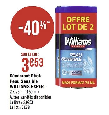Promoties Déodorant stick peau sensible williams expert - Williams - Geldig van 02/09/2019 tot 15/09/2019 bij Géant Casino