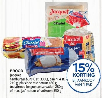 Promoties Brood jacquet 15% kortinbij aankoop van 1 pak - Jacquet - Geldig van 11/09/2019 tot 24/09/2019 bij Alvo