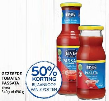 Promoties Gezeefde tomaten passata elvea 50% korting bij aankoop van 2 potten - Elvea - Geldig van 11/09/2019 tot 24/09/2019 bij Alvo