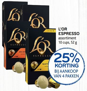 Promoties L`or espresso assortiment 25% korting bij aankoop van 4 pakken - Douwe Egberts - Geldig van 11/09/2019 tot 24/09/2019 bij Alvo