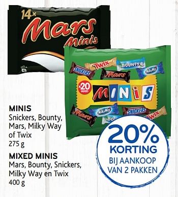 Promoties Minis snickers, bounty, mars, milky way of twix 20% korting bij aankoop van 2 pakken - Huismerk - Alvo - Geldig van 11/09/2019 tot 24/09/2019 bij Alvo