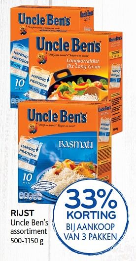 Promoties Rijst uncle ben`s 33% korting bij aankoop van 3 pakken - Uncle Ben's - Geldig van 11/09/2019 tot 24/09/2019 bij Alvo