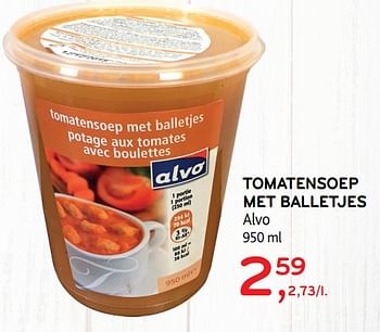 Promoties Tomaten soep met balletjes alvo - Huismerk - Alvo - Geldig van 11/09/2019 tot 24/09/2019 bij Alvo