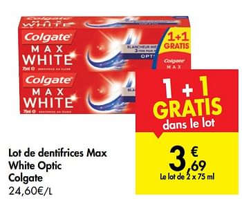 Promoties Lot de dentifrices max white optic colgate - Colgate - Geldig van 04/09/2019 tot 16/09/2019 bij Carrefour
