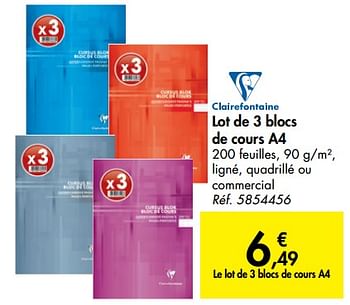 Promoties Lot de 3 blocs de cours a4 - Clairefontaine - Geldig van 04/09/2019 tot 16/09/2019 bij Carrefour