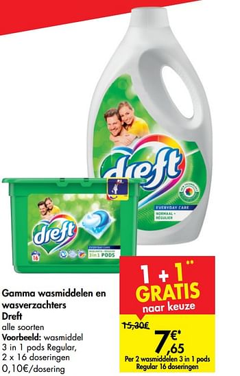 Promoties Gamma wasmiddelen en wasverzachters dreft wasmiddel 3 in 1 pods regular - Dreft - Geldig van 04/09/2019 tot 16/09/2019 bij Carrefour