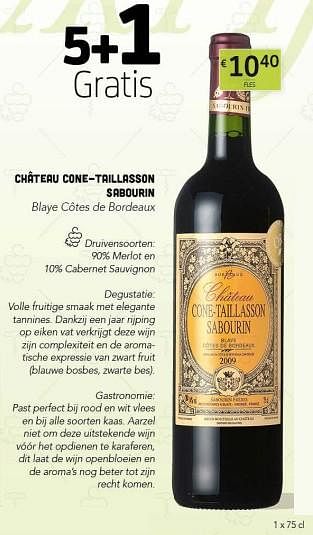 Promoties Châteaucone-taillasson sabourin blaye côtes de bordeaux - Rode wijnen - Geldig van 06/09/2019 tot 19/09/2019 bij BelBev