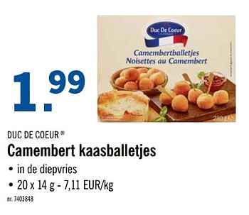Promoties Camembert kaasballetjes - Duc De Coeur - Geldig van 16/09/2019 tot 21/09/2019 bij Lidl