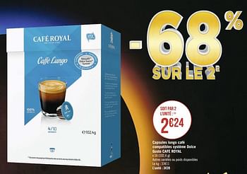 Promoties Capsules lungo café compatibles système dolce gusto cafe royal - Café Royal  - Geldig van 09/09/2019 tot 22/09/2019 bij Géant Casino