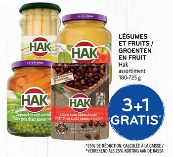 Promotions Légumes et fruits hak 3+1 gratis - Hak - Valide de 11/09/2019 à 24/09/2019 chez Alvo