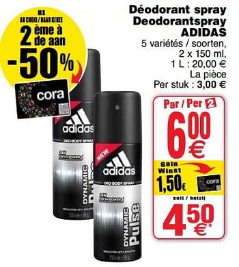 Promoties Déodorant spray deodorantspray adidas - Adidas - Geldig van 10/09/2019 tot 16/09/2019 bij Cora