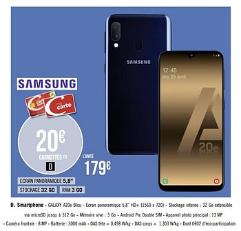 Promotions Samsung smartphone - galaxy a20e bleu - Samsung - Valide de 26/08/2019 à 22/09/2019 chez Géant Casino