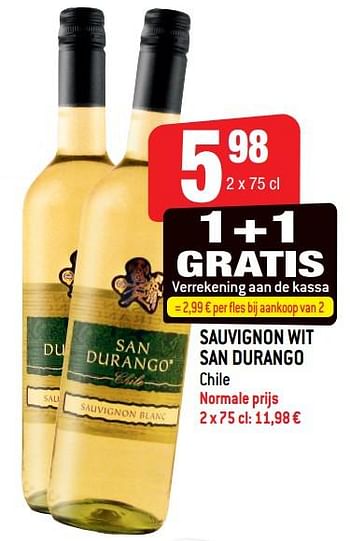 Promoties Sauvignon wit san durango chile - Witte wijnen - Geldig van 11/09/2019 tot 17/09/2019 bij Smatch