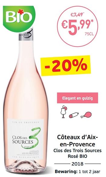 Promotions Côteaux d`aixen-provence clos des trois sources rosé bio - Vins rosé - Valide de 03/09/2019 à 22/09/2019 chez Intermarche