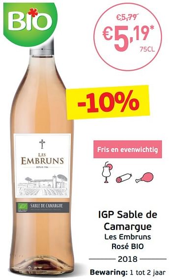 Promoties Igp sable de camargue les embruns rosé bio - Rosé wijnen - Geldig van 03/09/2019 tot 22/09/2019 bij Intermarche
