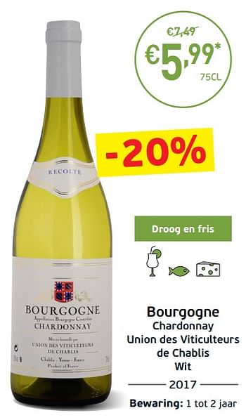 Promotions Bourgogne chardonnay union des viticulteurs de chablis wit - Vins blancs - Valide de 03/09/2019 à 22/09/2019 chez Intermarche