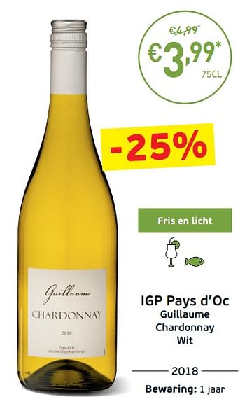 Promoties Igp pays d`oc guillaume chardonnay wit - Witte wijnen - Geldig van 03/09/2019 tot 22/09/2019 bij Intermarche