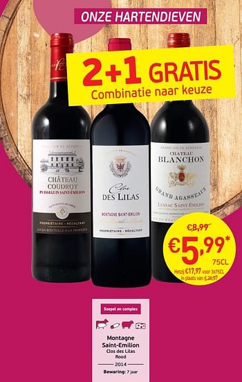 Promoties Montagne saint-emilion clos des lilas rood - Rode wijnen - Geldig van 03/09/2019 tot 22/09/2019 bij Intermarche