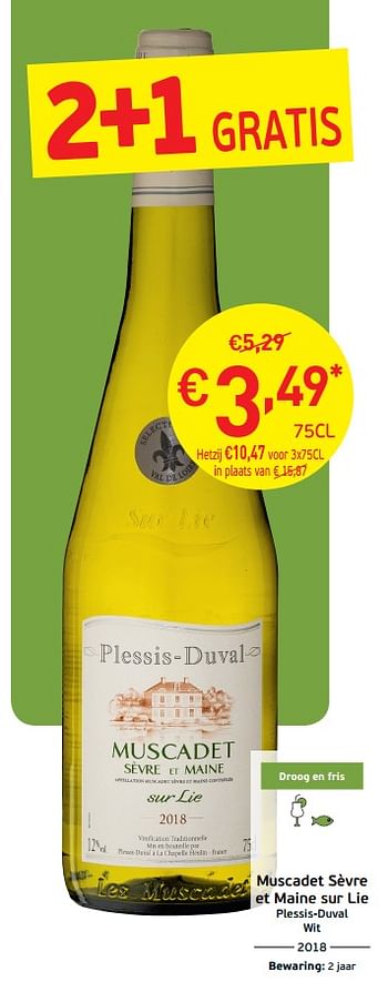 Promoties Muscadet sèvre et maine sur lie plessis-duval - Witte wijnen - Geldig van 03/09/2019 tot 22/09/2019 bij Intermarche