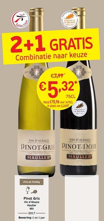 Promoties Pinot gris vin d`alsace hauller wit - Witte wijnen - Geldig van 03/09/2019 tot 22/09/2019 bij Intermarche