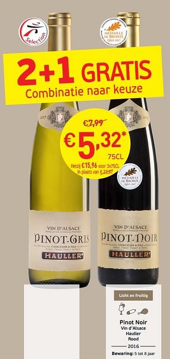 Promotions Pinot noir vin d`alsace hauller rood - Vins rouges - Valide de 03/09/2019 à 22/09/2019 chez Intermarche