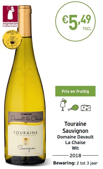 Promoties Touraine sauvignon domaine davault la chaise wit - Witte wijnen - Geldig van 03/09/2019 tot 22/09/2019 bij Intermarche