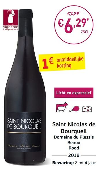 Promoties Saint nicolas de bourgueil domaine du plessis renou rood - Rode wijnen - Geldig van 03/09/2019 tot 22/09/2019 bij Intermarche