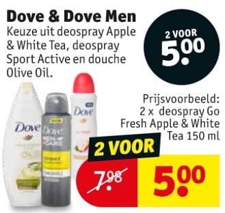 Promoties Dove + dove men deospray go fresh apple + white tea - Dove - Geldig van 10/09/2019 tot 22/09/2019 bij Kruidvat