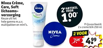 Promotions Nivea crème, care, soft lichaamsverzorging creme blik - Nivea - Valide de 10/09/2019 à 22/09/2019 chez Kruidvat