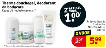 Promotions Therme douchegel, deodorant en bodycare douche milk zen white - Therme - Valide de 10/09/2019 à 22/09/2019 chez Kruidvat