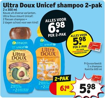 Promoties Ultra doux unicef shampoo 2-pak sha kamille - Ultra Doux - Geldig van 10/09/2019 tot 22/09/2019 bij Kruidvat