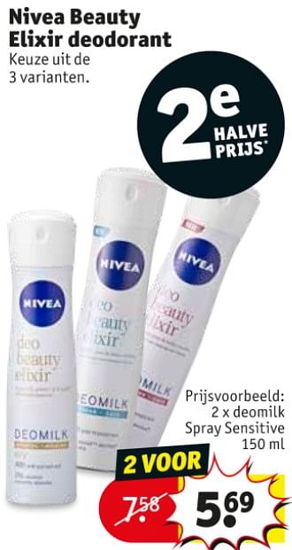 Promotions Nivea beauty etixir deodorant deomilk spray sensitive - Nivea - Valide de 10/09/2019 à 22/09/2019 chez Kruidvat