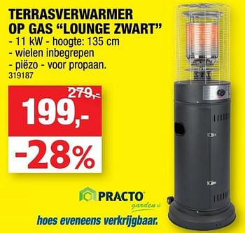 Promotions Terrasverwarmer op gas lounge zwart - Practo - Valide de 11/09/2019 à 22/09/2019 chez Hubo