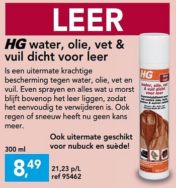 Promotions Hg water, olie, vet + vuil dicht voor leer - HG - Valide de 11/09/2019 à 22/09/2019 chez Hubo