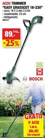 Promoties Bosch accu trimmer easy grasscut 18-230 - Bosch - Geldig van 11/09/2019 tot 22/09/2019 bij Hubo
