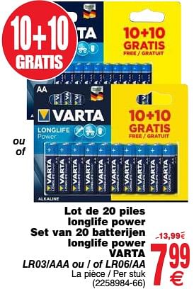 Promoties Lot de 20 piles longlife power set van 20 batterijen longlife power varta lr03-aaa ou - of lr06-aa - Varta - Geldig van 10/09/2019 tot 23/09/2019 bij Cora