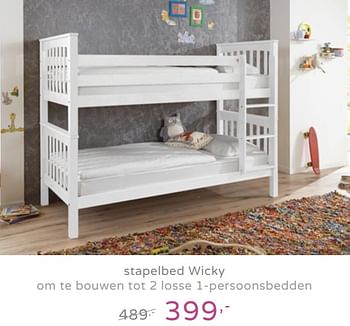 Promoties Stapelbed wicky om te bouwen tot 2 losse 1-persoonsbedden - Huismerk - Baby & Tiener Megastore - Geldig van 08/09/2019 tot 28/09/2019 bij Baby & Tiener Megastore