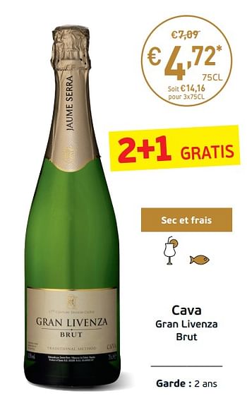 Promotions Cava gran livenza brut - Mousseux - Valide de 03/09/2019 à 22/09/2019 chez Intermarche