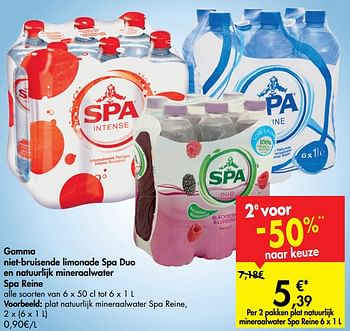 Promoties Gamma niet-bruisende limonade spa duo en natuurlijk mineraalwater spa reine plat natuurlijk mineraalwater spa reine - Spa - Geldig van 11/09/2019 tot 23/09/2019 bij Carrefour