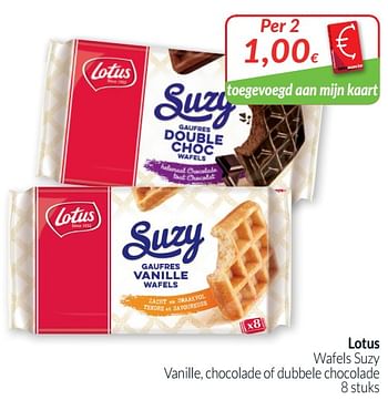 Promoties Lotus wafels suzy vanille, chocolade of dubbele chocolade - Lotus Bakeries - Geldig van 01/09/2019 tot 30/09/2019 bij Intermarche