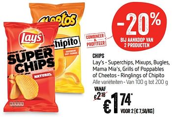 Promotions Chips lay`s - superchips, mixups, bugles, mama mia`s, grills of poppables of cheetos - ringlings of chipito - Produit Maison - Delhaize - Valide de 12/09/2019 à 18/09/2019 chez Delhaize