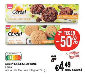 Promotions Suikervrije koekjes of cakes céréal - Céréal - Valide de 12/09/2019 à 18/09/2019 chez Delhaize